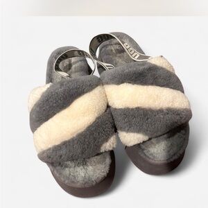 UGG Women’s High Platform Fluffy Gray and Cream Slippers